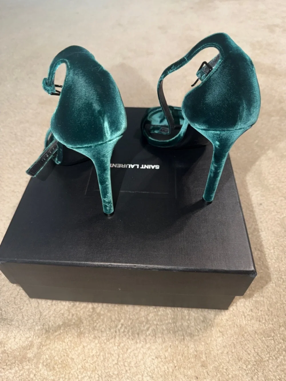 Saint Laurent Emerald Green Velvet Ankle-Strap Stilettos - Picture 4 of 4